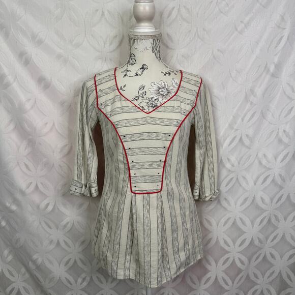 Lauren Moffatt Preppy Wide Stripe Studded 3/4 Sleeve Tunic Blouse Size S - Picture 1 of 6